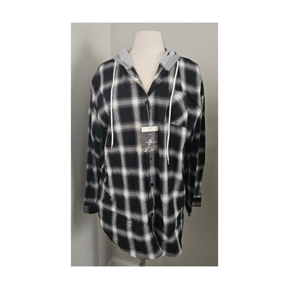 Fashion Plaid Drawstring Hoodie Top 2X
